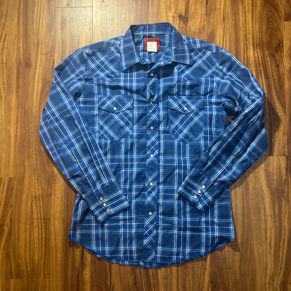 Rustler‎ Mens Blue Yellow Plaid Western Pearl Snap Shirt X-Long Tails Medium